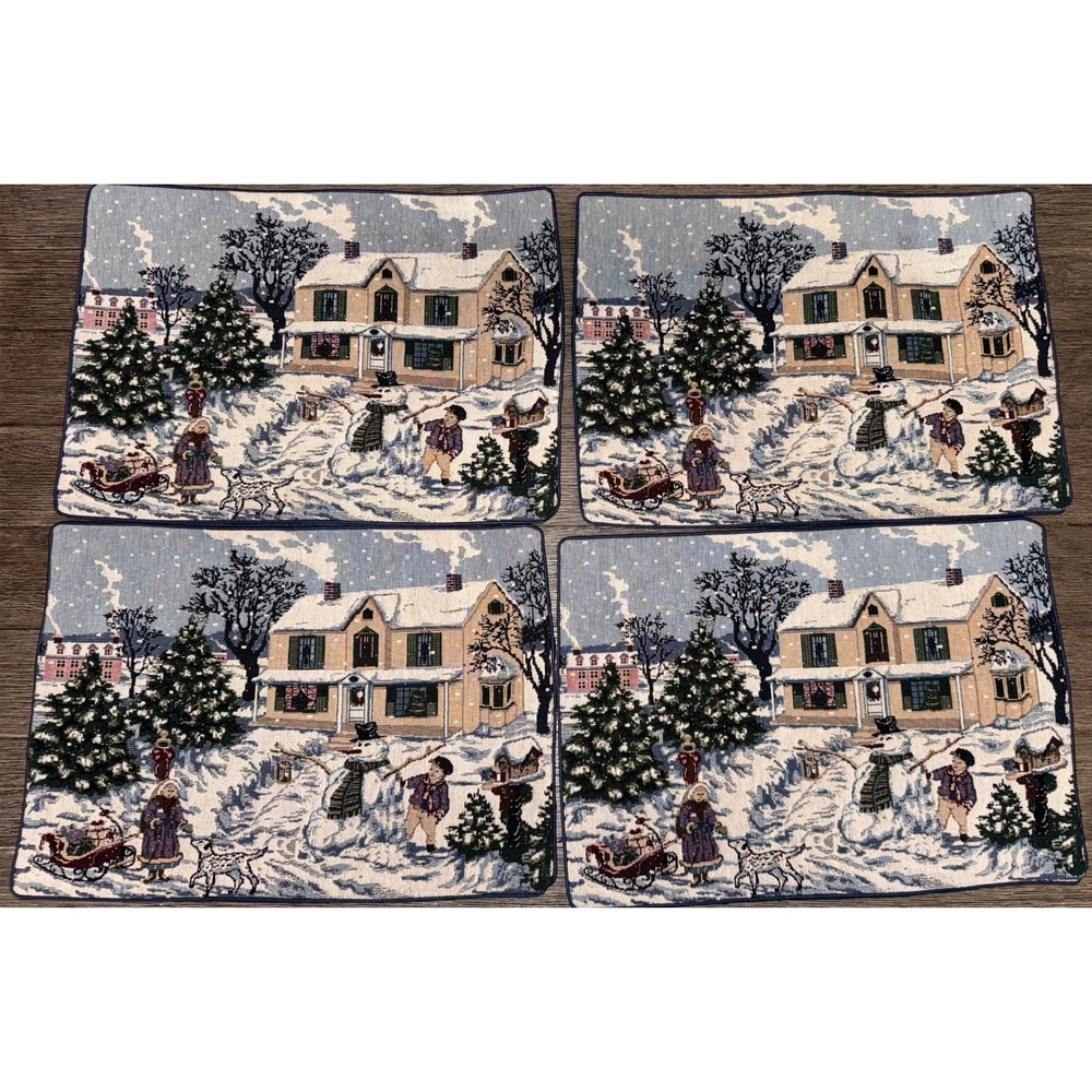 Vintage Set of 4 Christmas Winter Village Scene‎ Tapestry Placemats Blue Trim